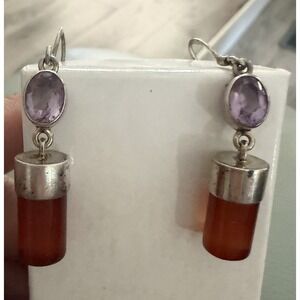 Vintage Sterling Amber and Amethyst Dangle Earrings - Pierced #446
